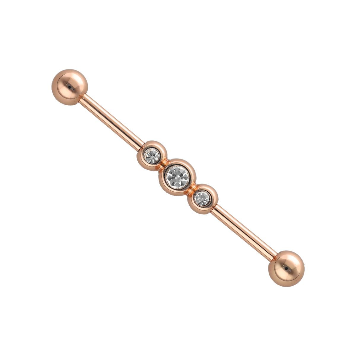 Industrial piercing in rosé goud chirurgisch staal met 3 witte kristallen (Ref09)