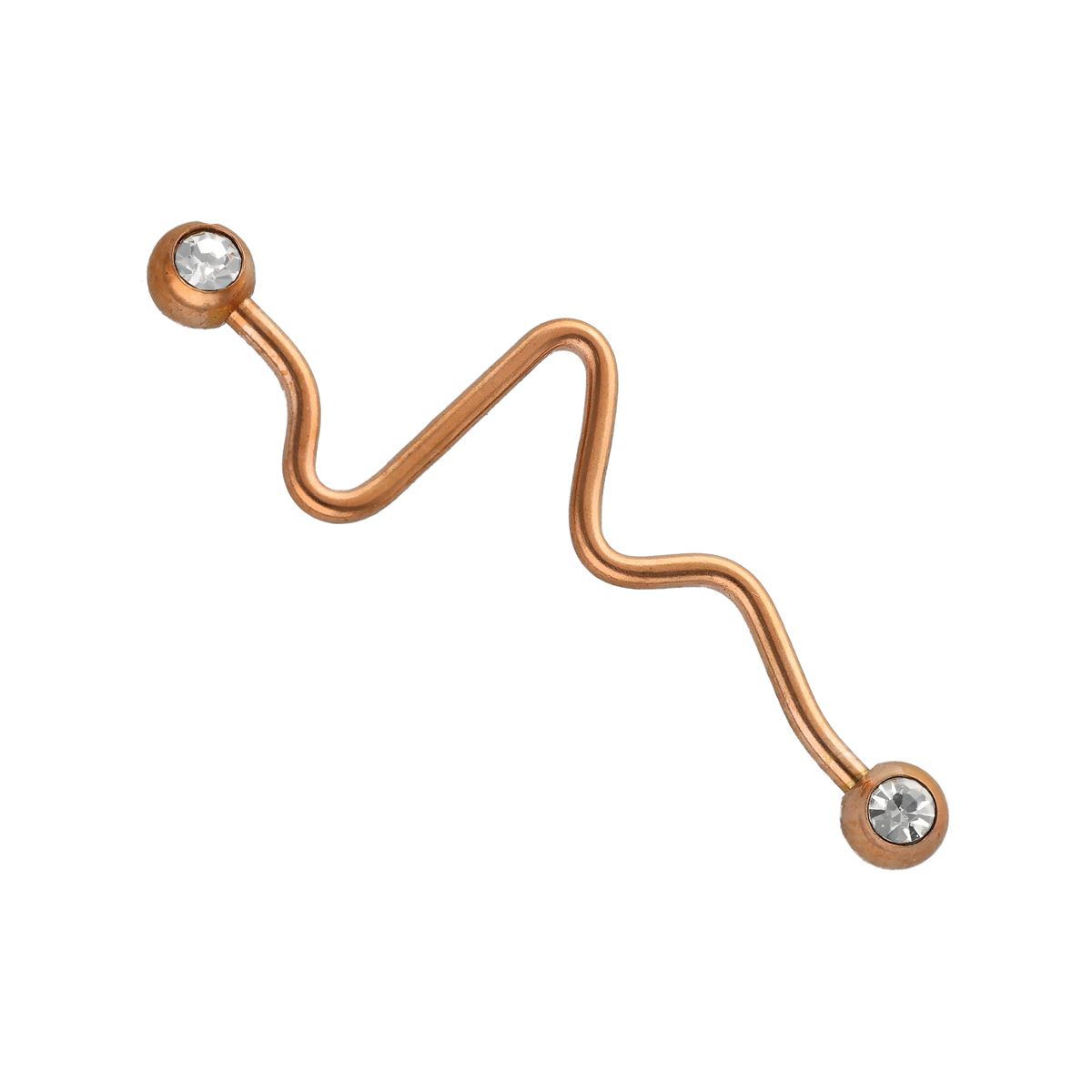 Industrial piercing in rosé goud chirurgisch staal met een gebogen staaf, en de balletjes met een klein wit kristalletje (Ref12)