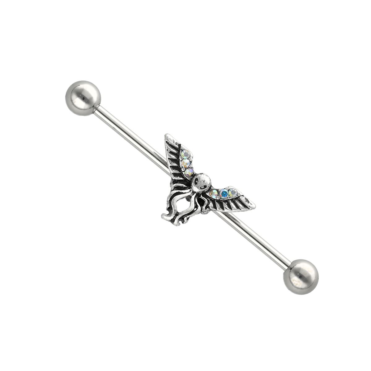 Industrial piercing in chirurgisch staal met een octopus en verschillende kristallen
