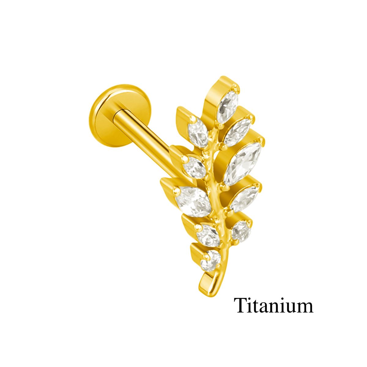 Labret/helix/tragus piercing in goud titanium F136 blad bedekt met witte kristallen