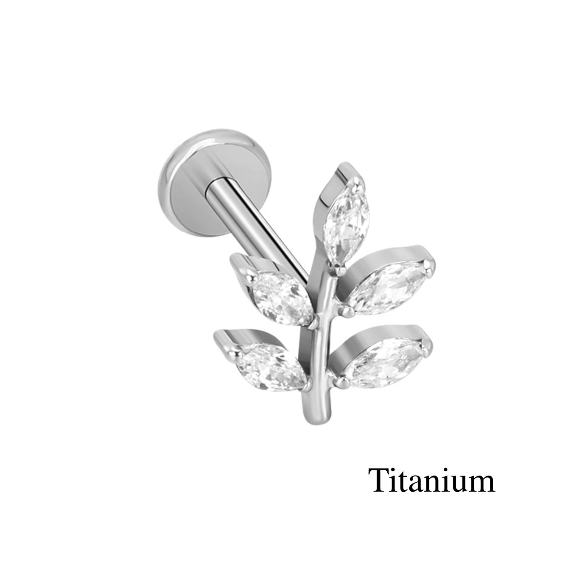 Labret/helix/tragus piercing in titanium F136 boom bedekt met witte kristallen