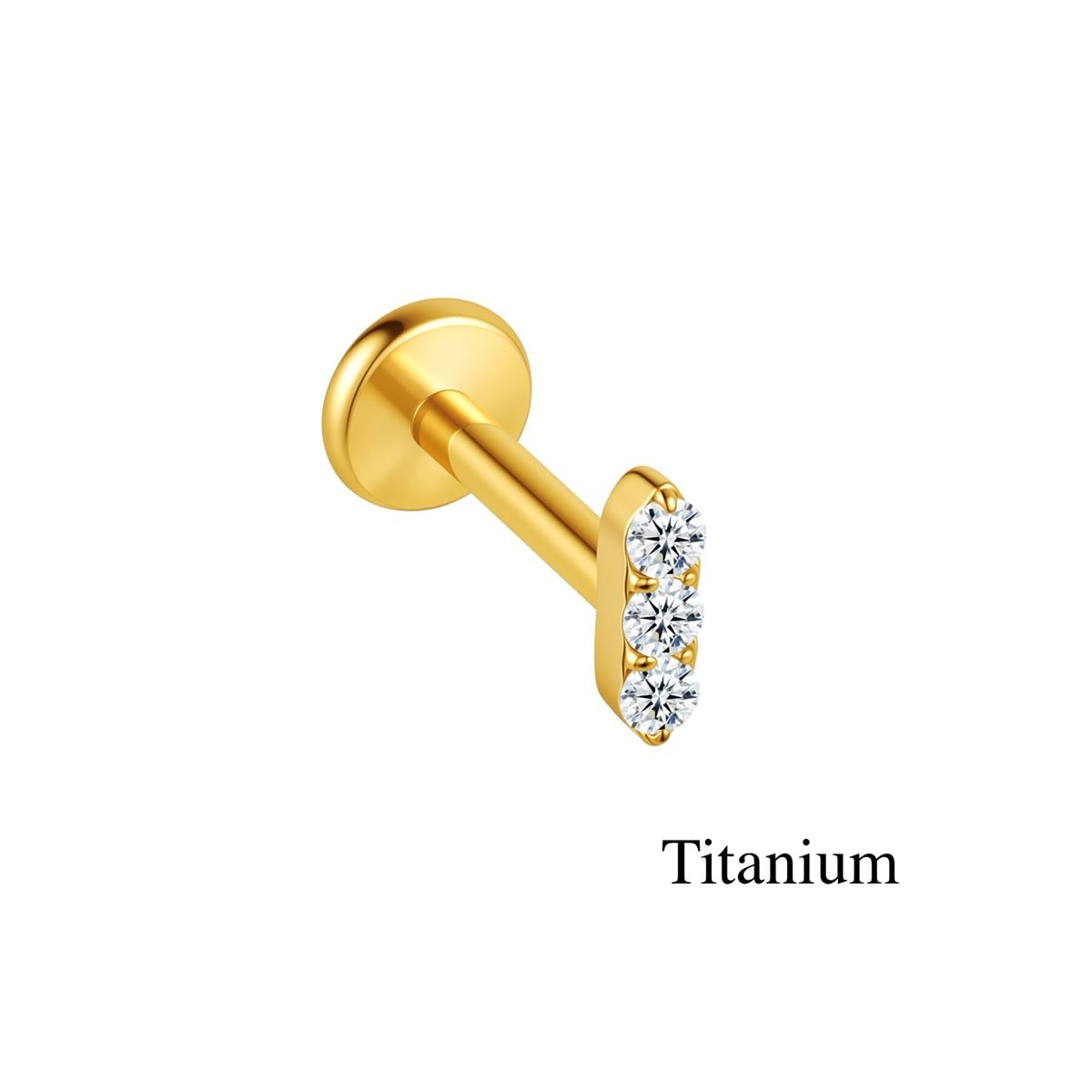 Labret/helix/tragus piercing in goud titanium F136 motief met 3 kristallen