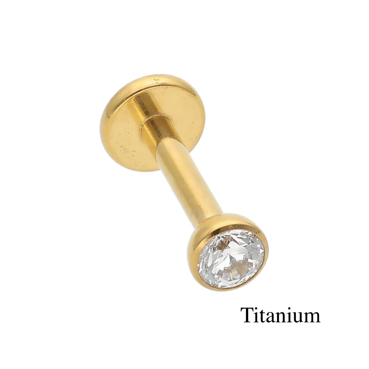 Labret in goud Titanium F136 met inwendige schroefdraad en een grote platte kristal