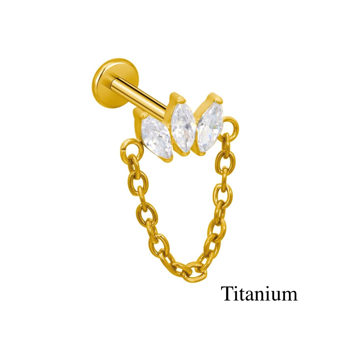 Labret/helix/tragus piercing in goud titanium F136 lus met een ketting