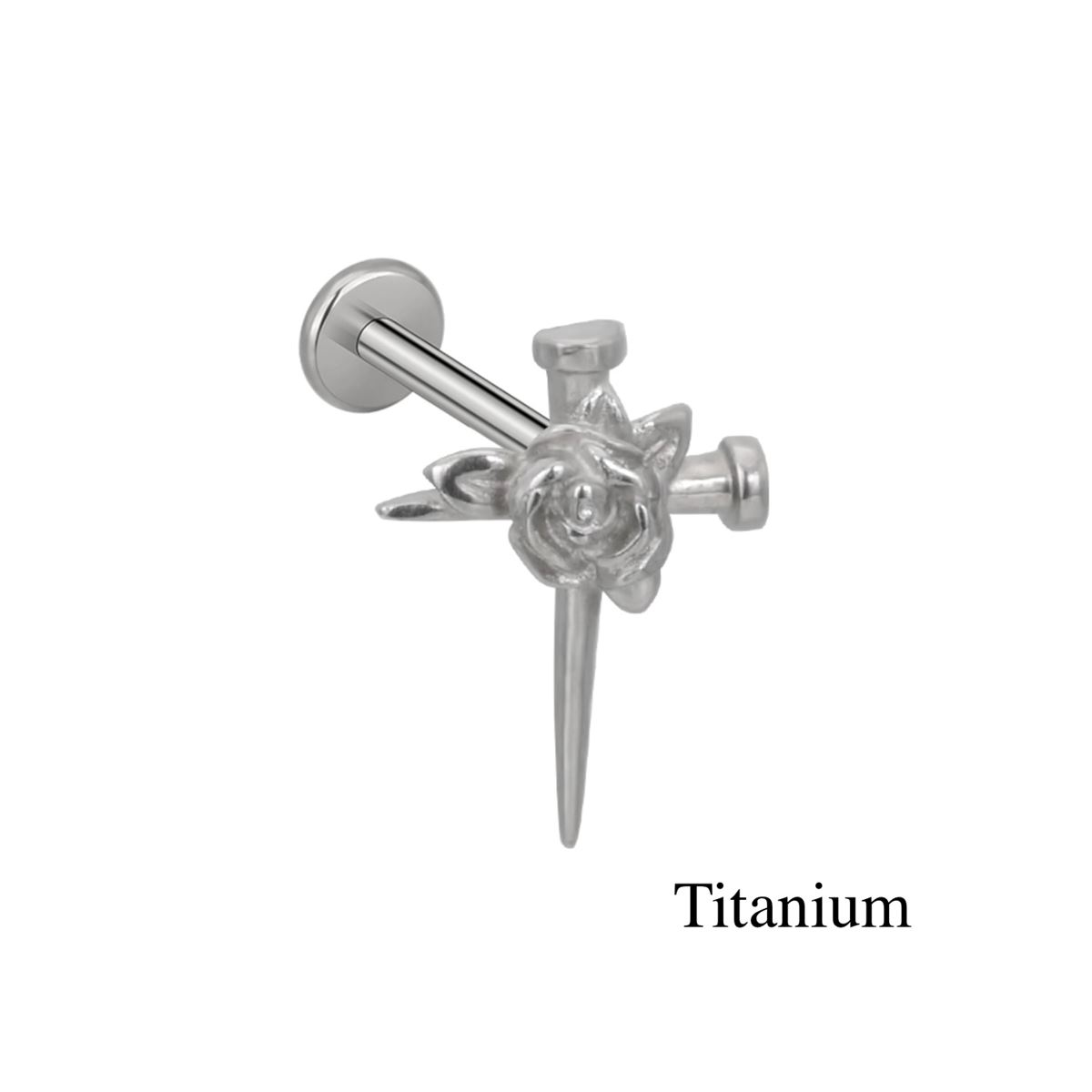 Labret/helix/tragus piercing in titanium F136 zwaard met een roos