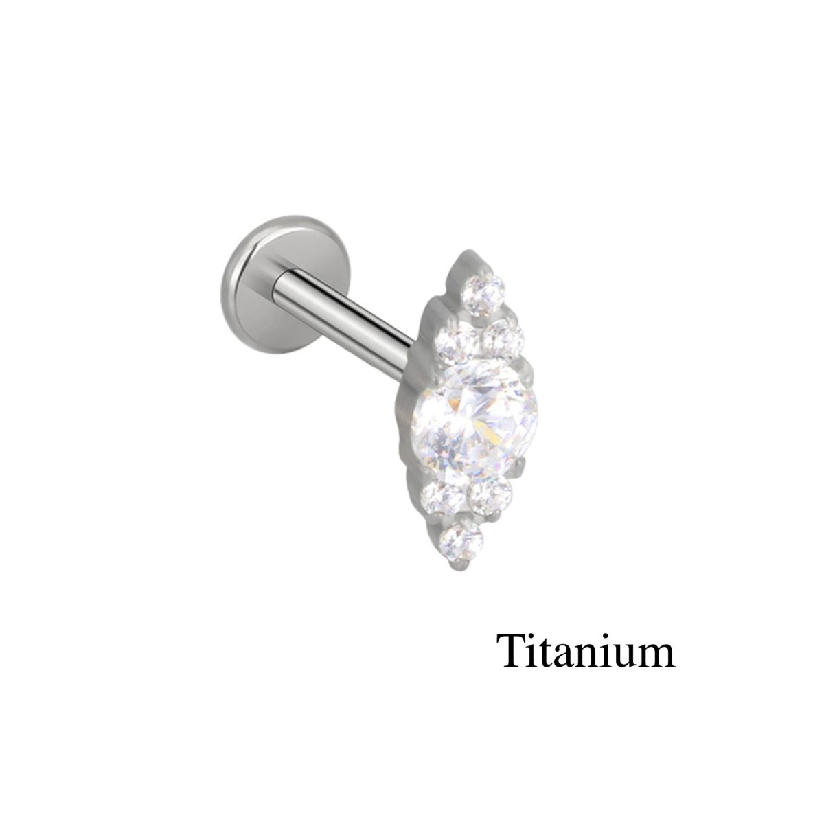 Labret/helix/tragus piercing in titanium F136 motief bedekt met 7 witte kristallen
