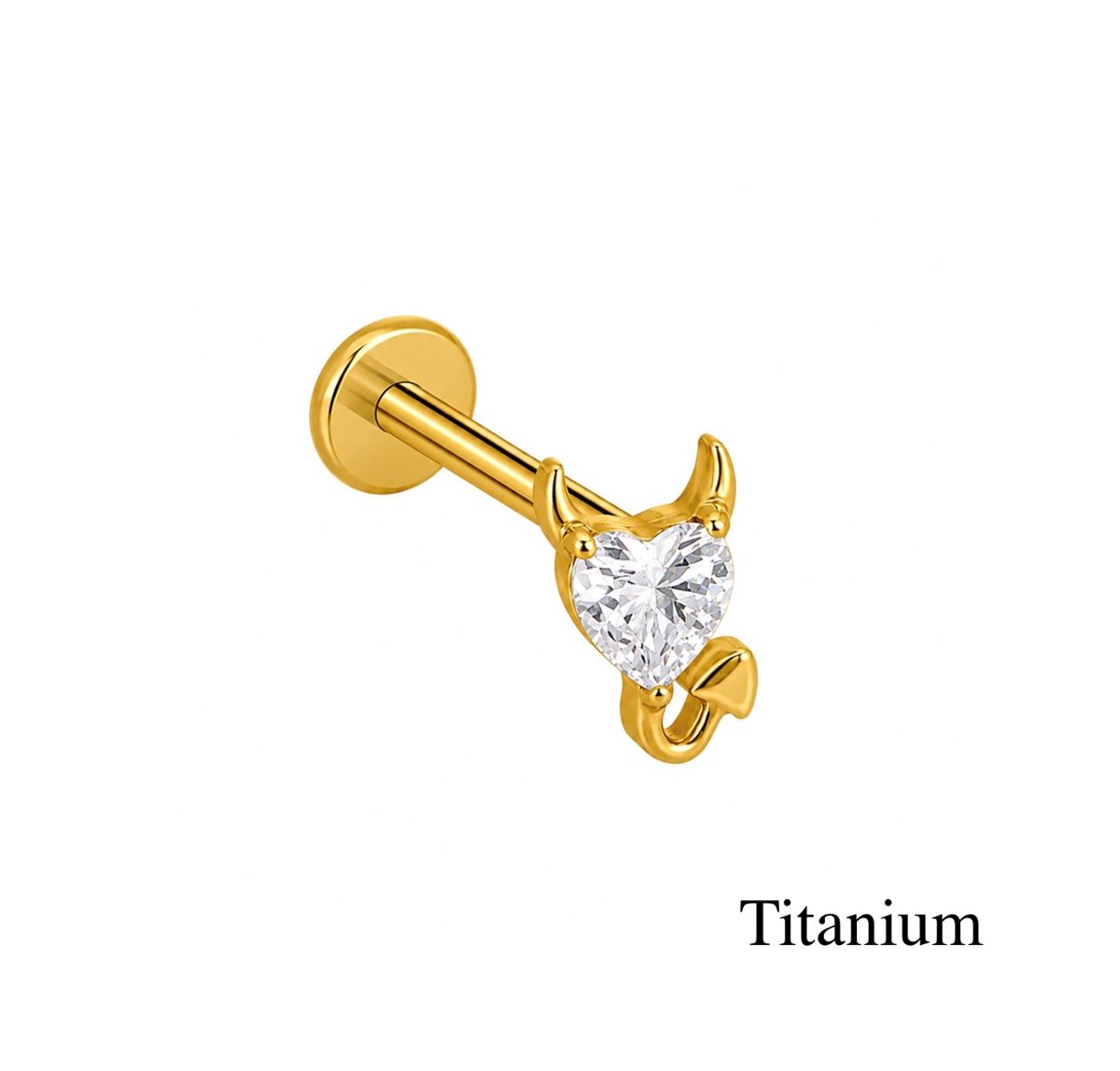 Labret/helix/tragus piercing in goud titanium F136 duivel met een witte kristal