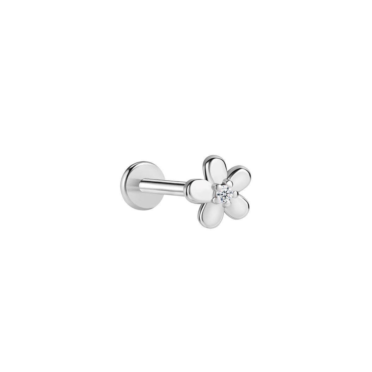 Labret/helix/tragus piercing in chirurgisch staal bloem motief met een witte kristal