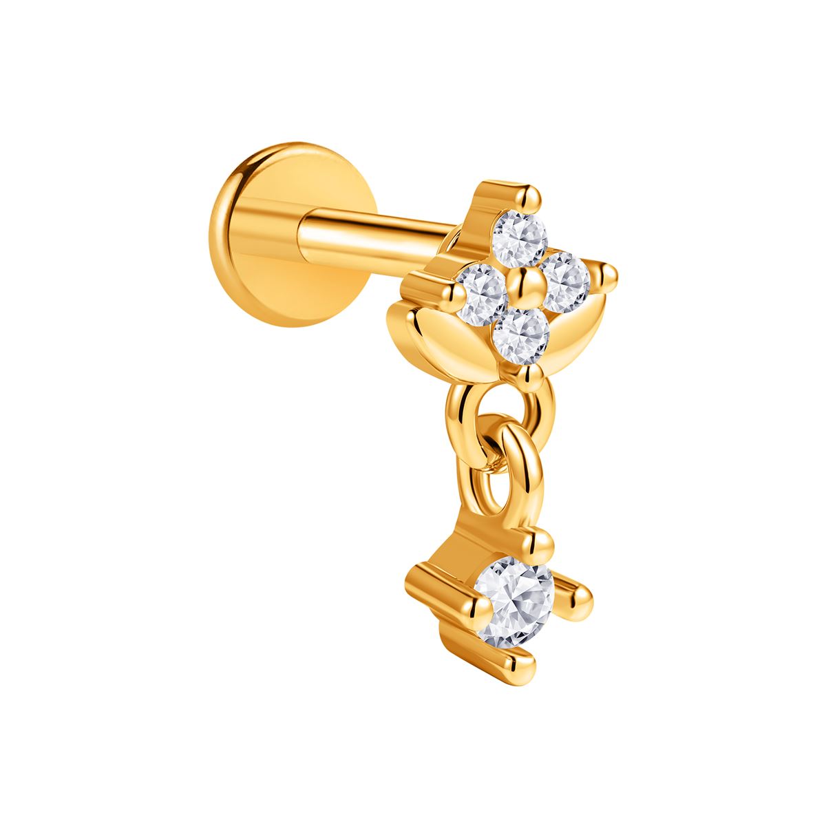 Helix / Tragus / Labret Piercing in Goudkleurig Chirurgisch Staal 316L met Bloem, Hangertje en Witte Kristallen