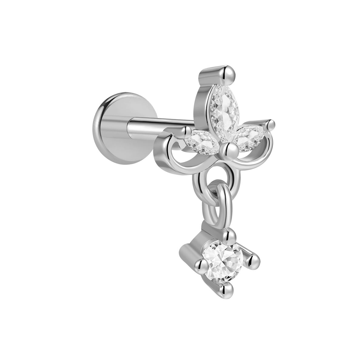 Helix / Tragus / Labret Piercing in Chirurgisch Staal 316L met Bloem, Hangertje en Witte Kristallen