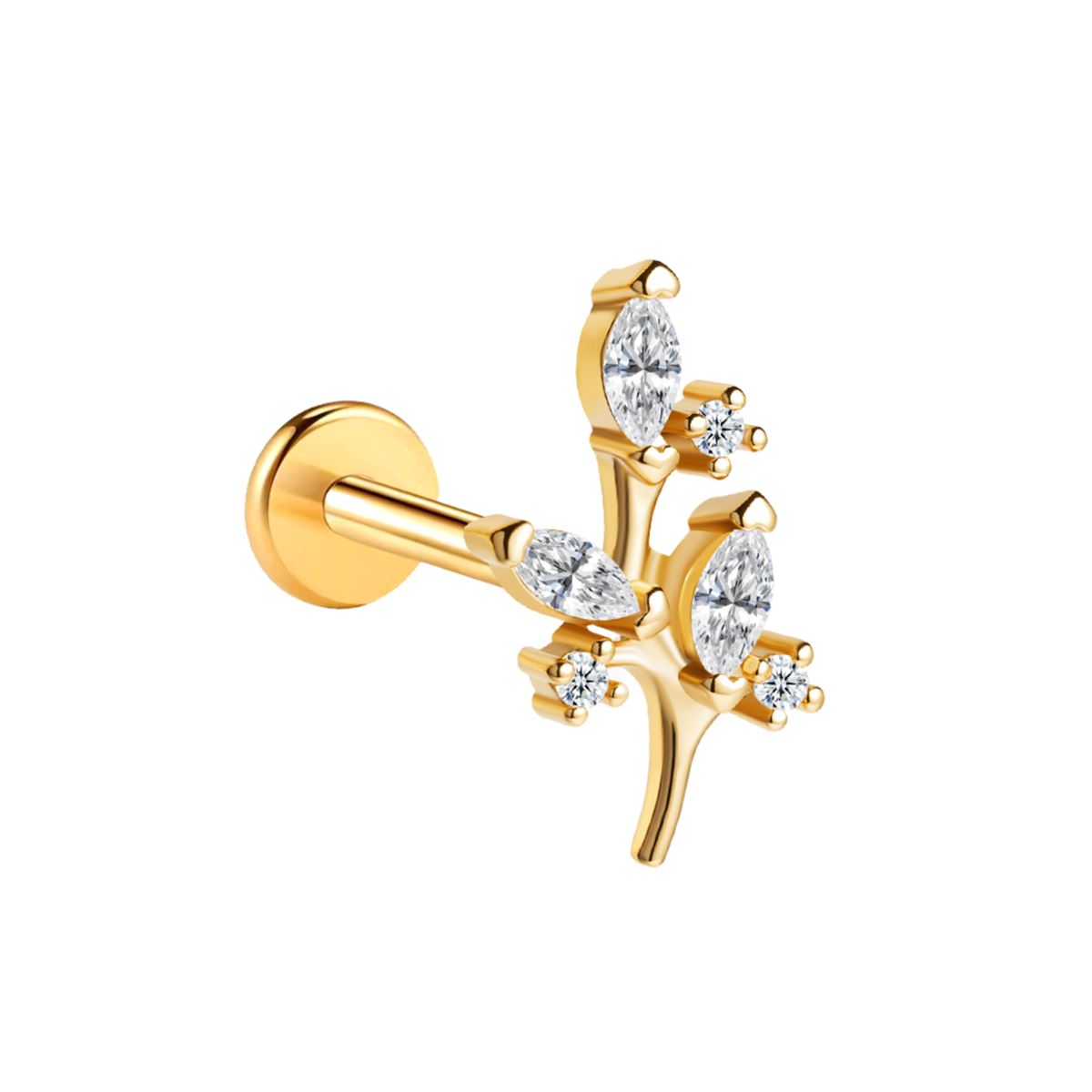 Labret/helix/tragus piercing en acier doré chirurgical feuille avec cristaux blancs