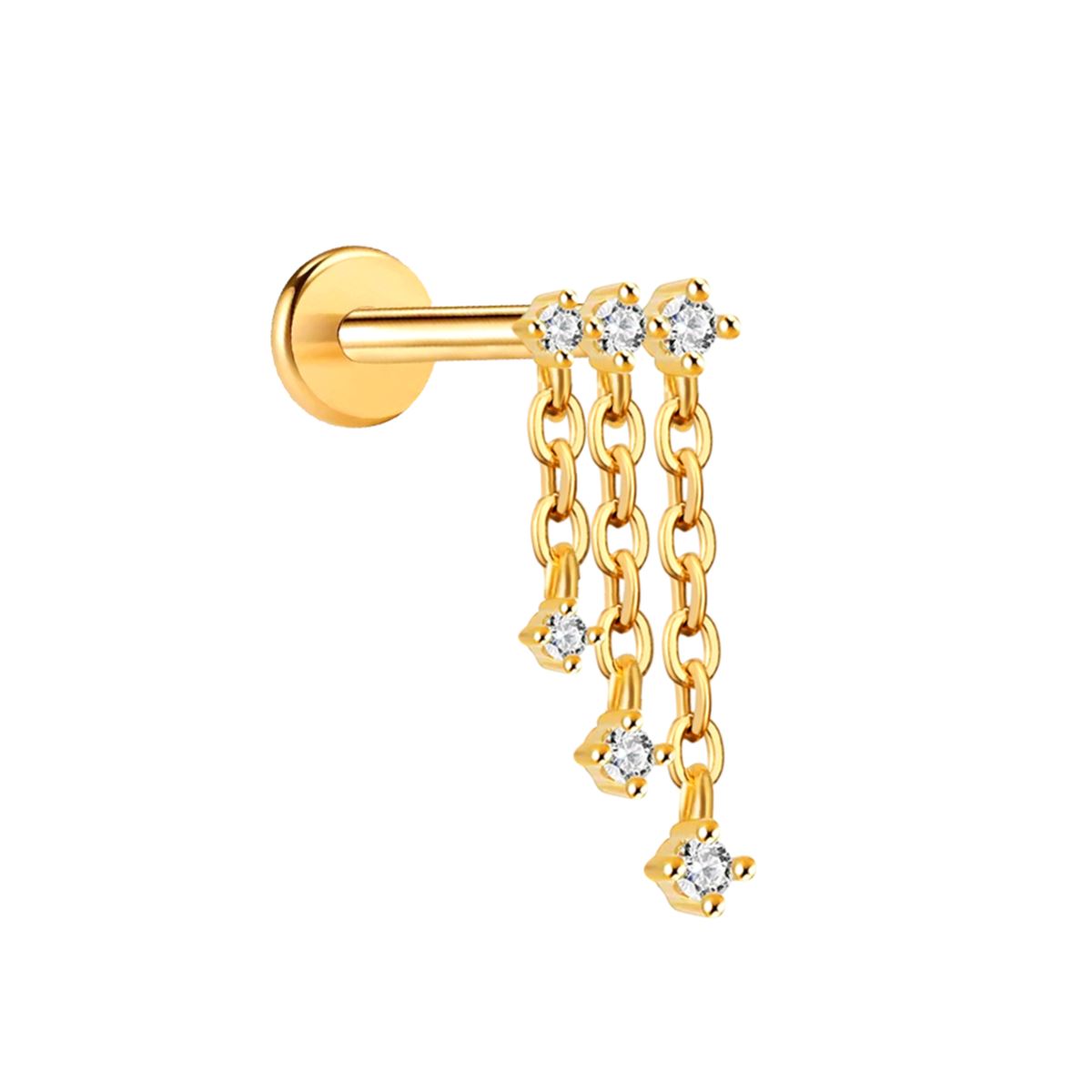 Labret/helix/tragus piercing in goud chirurgisch staal met 3 kettingen