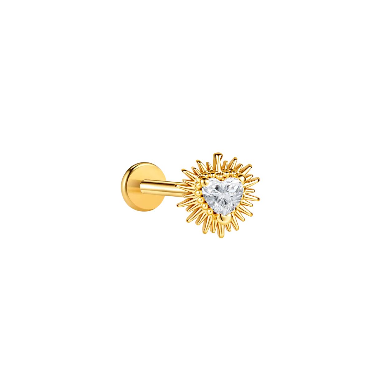 Labret/helix/tragus piercing in goud chirurgisch staal hart motief met een witte kristal