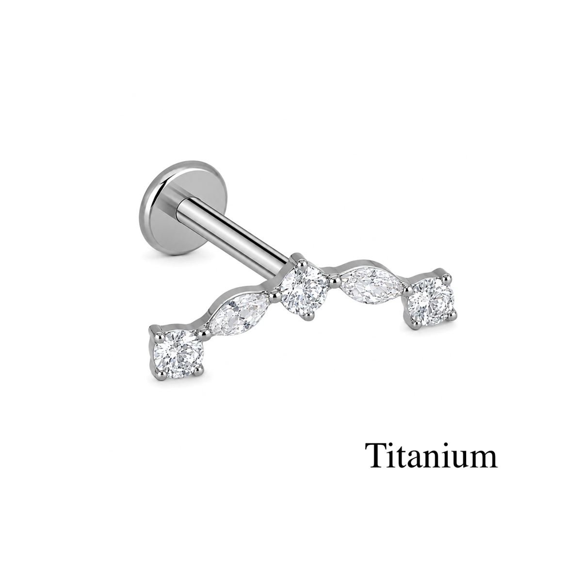 Labret/helix/tragus piercing in titanium F136 lus bedekt met 5 witte kristallen