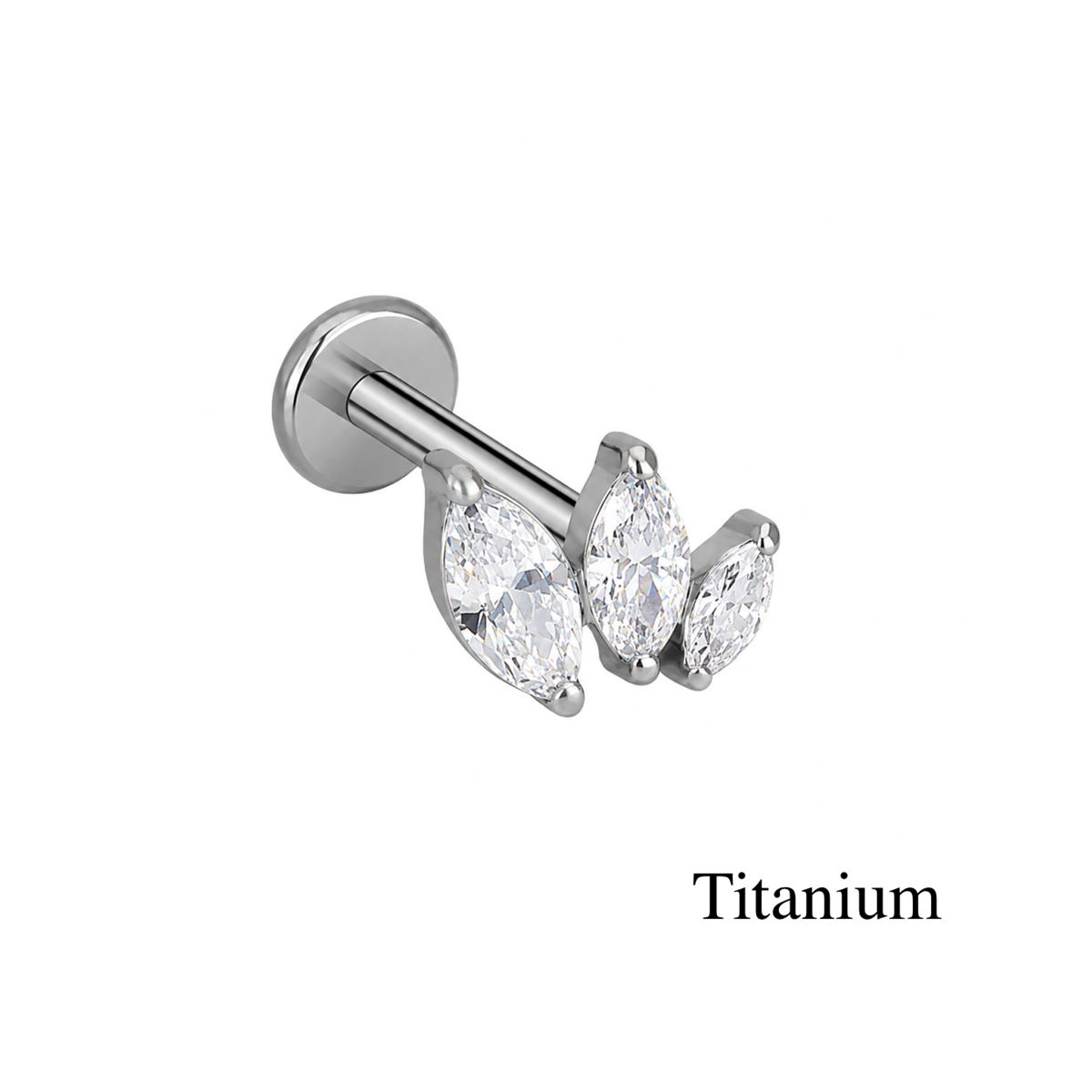 Labret/helix/tragus piercing in titanium F136 lus met 3 witte kristallen