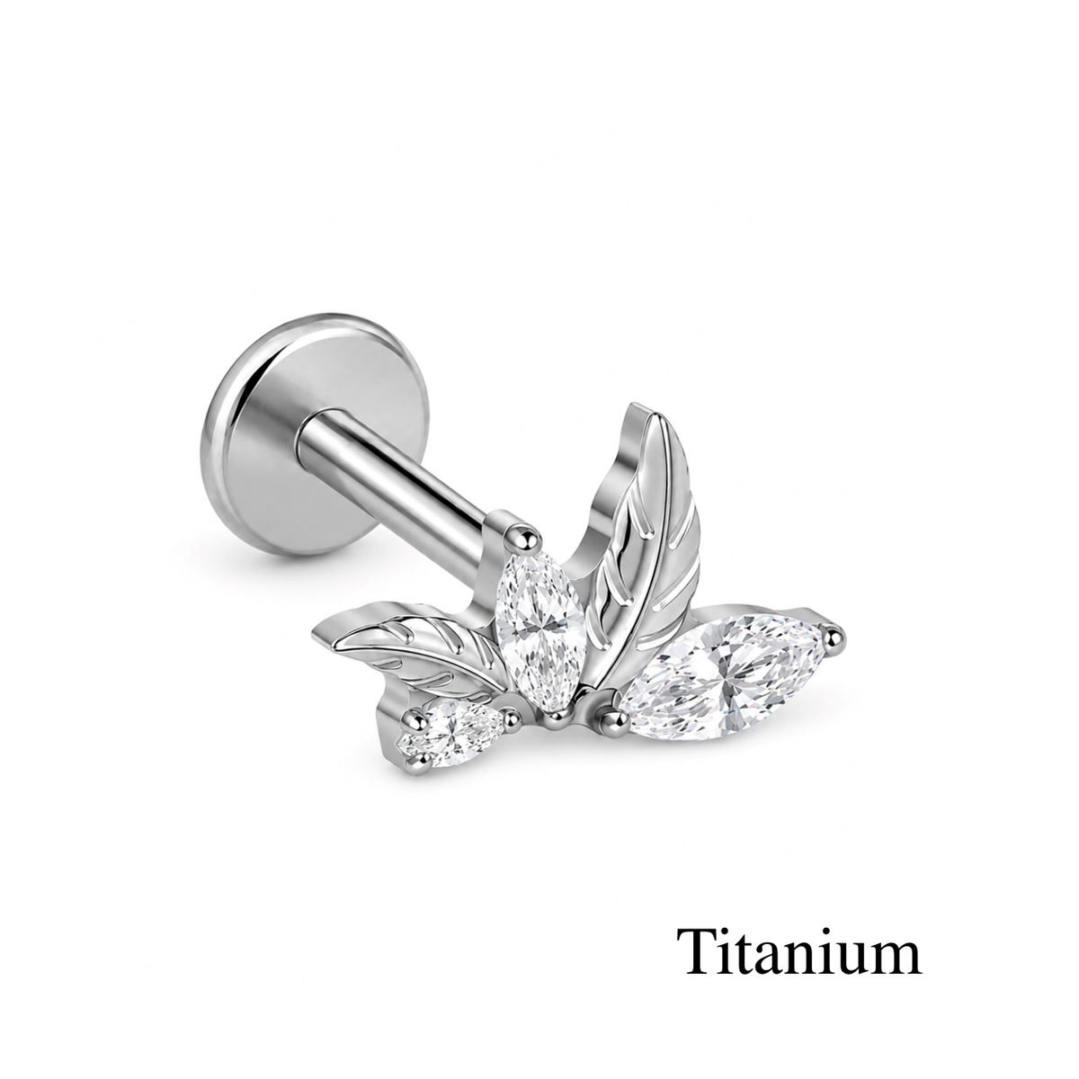 Labret/helix/tragus piercing in titanium F136 bloem motief met witte kristallen