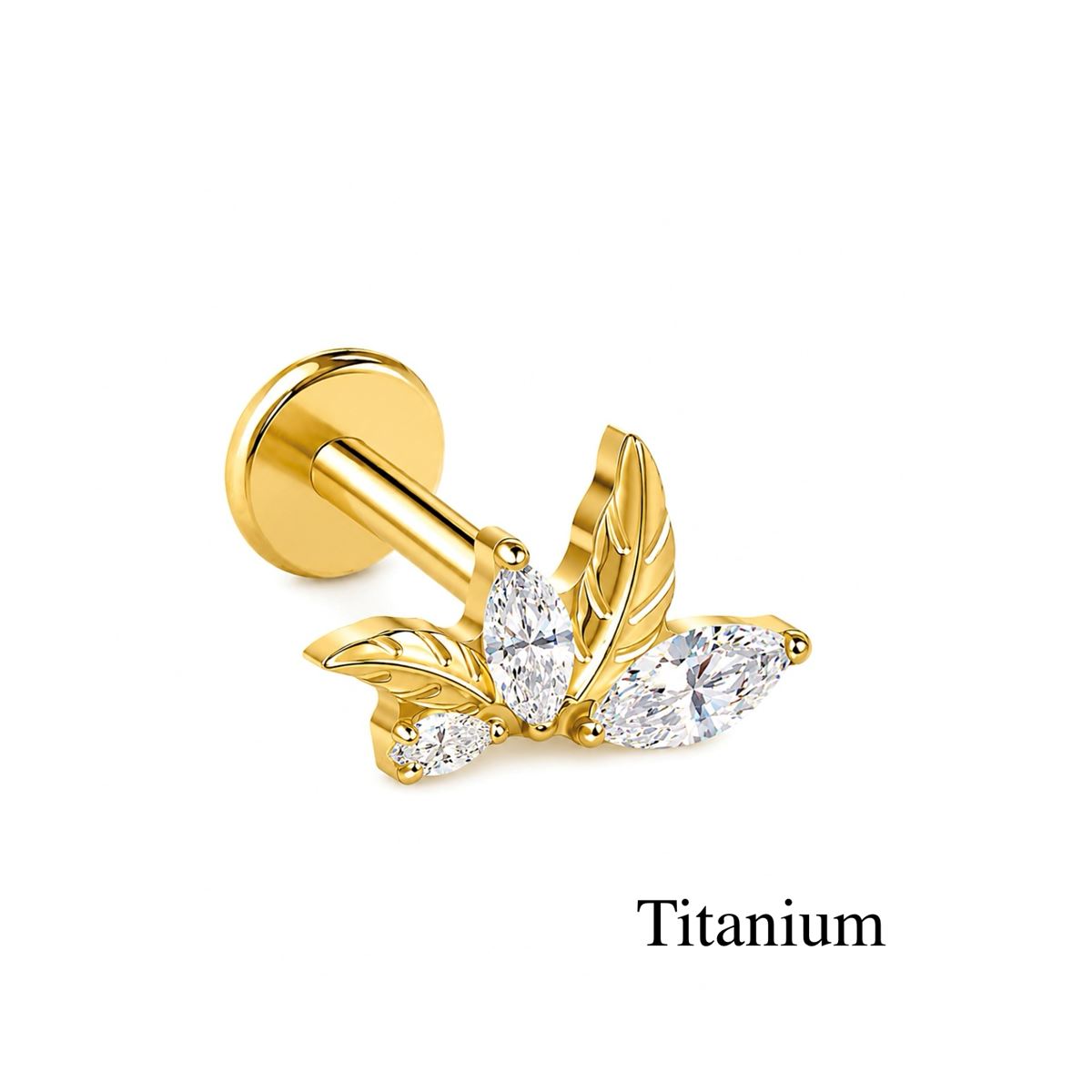 Labret/helix/tragus piercing in goud titanium F136 bloem motief met witte kristallen