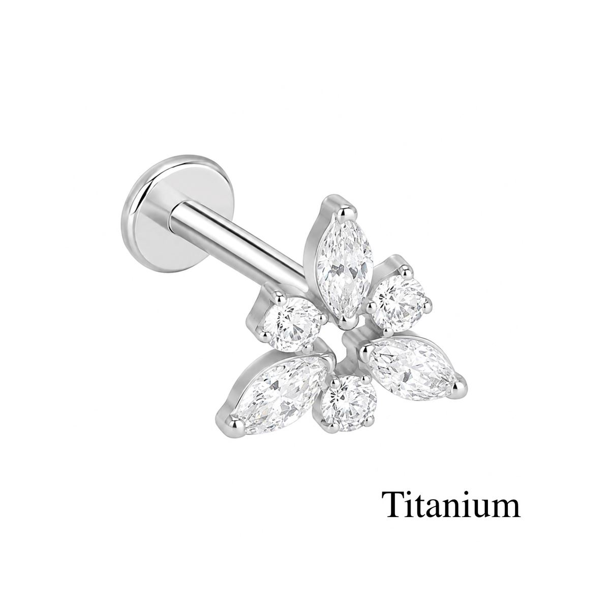 Labret/helix/tragus piercing in titanium F136 driehoek bedekt met witte kristallen