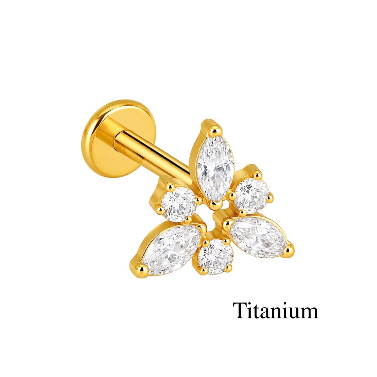 Labret/helix/tragus piercing in goud titanium F136 driehoek bedekt met witte kristallen