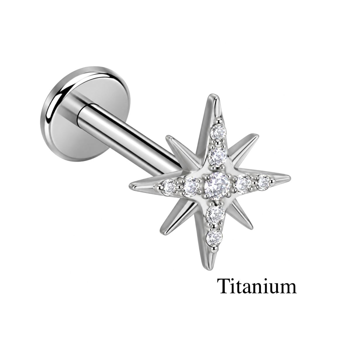 Titanium ASTM F136 Helix / Tragus / Labret Piercing met Achtpuntige Ster en Schitterende Witte Kristallen – Zilverkleurig