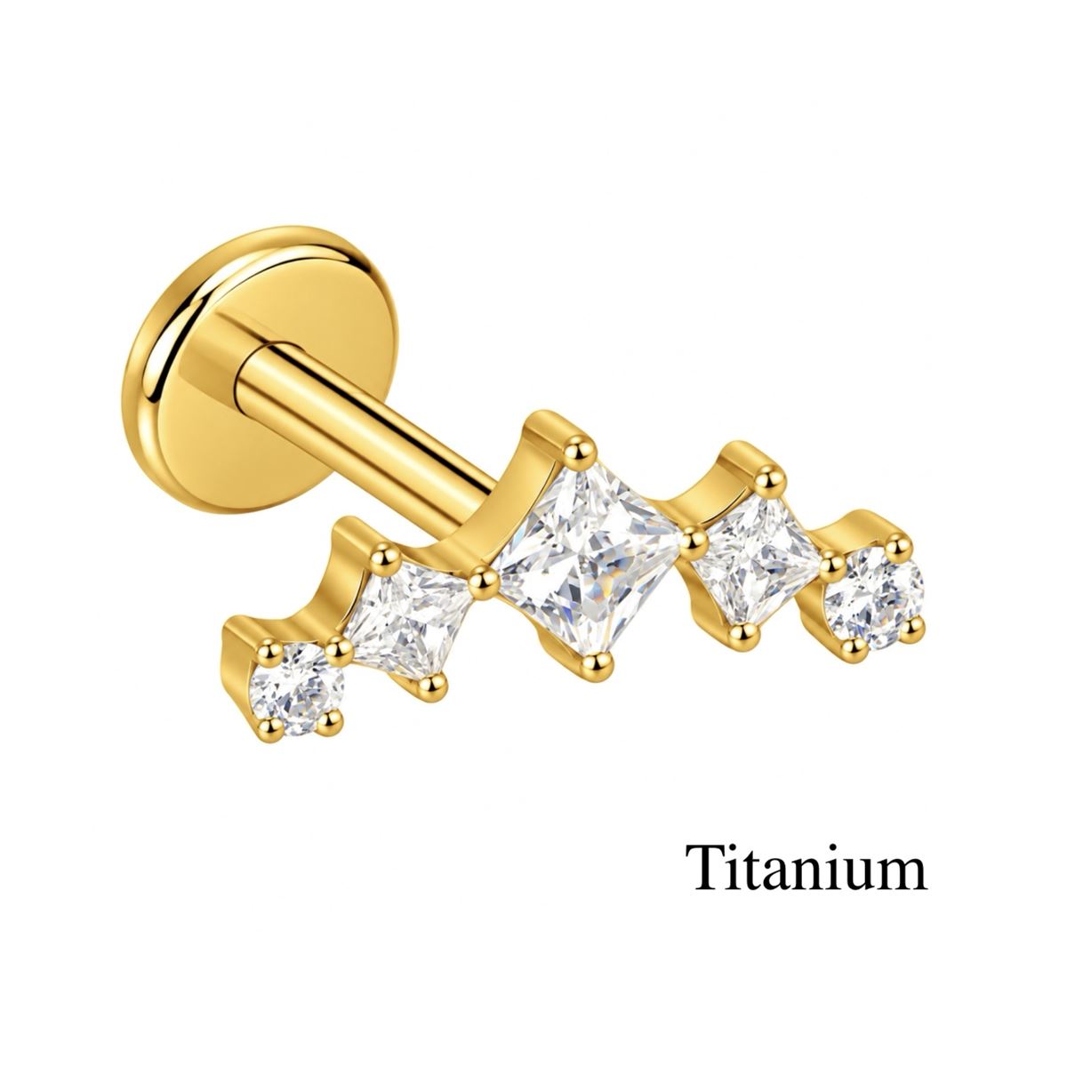 Titanium ASTM F136 Helix / Tragus / Labret Piercing Goudkleurig met 5 Witte Kristallen in Ronde en Vierkante Slijpvorm
