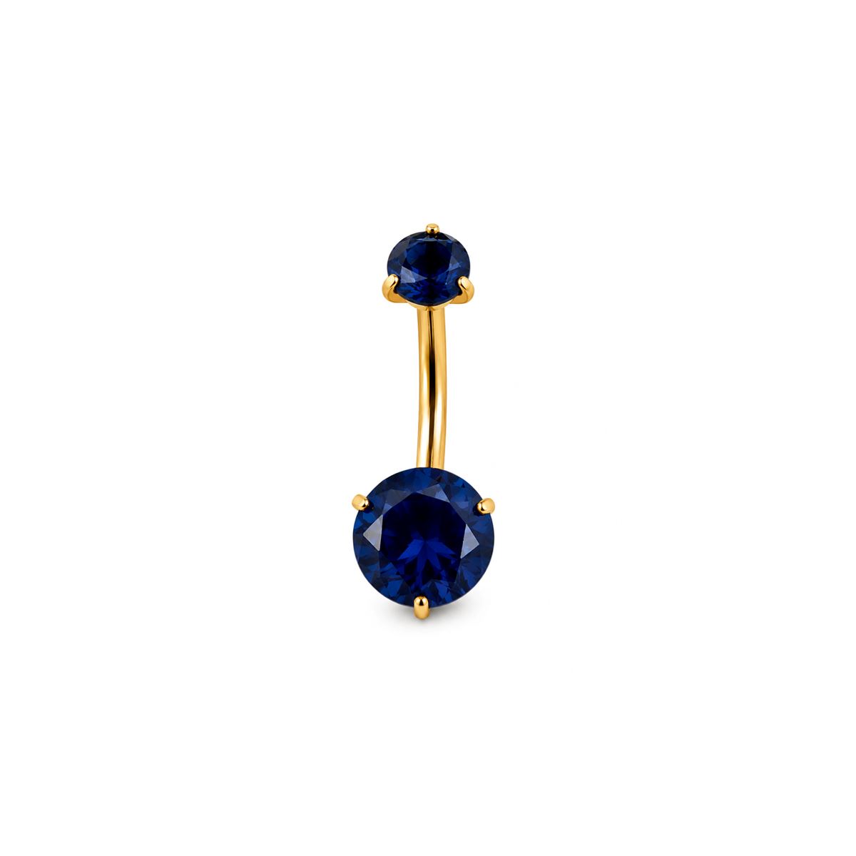 Navelpiercing in goud chirurgisch staal met 2 donker blauwe "prong"kristallen