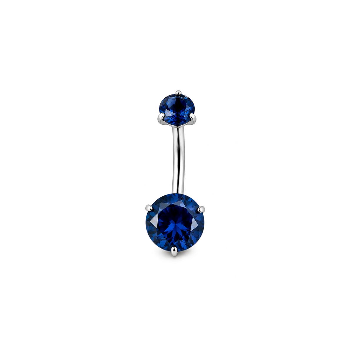 Navelpiercing in chirurgisch staal met 2 donker blauwe "prong" kristallen
