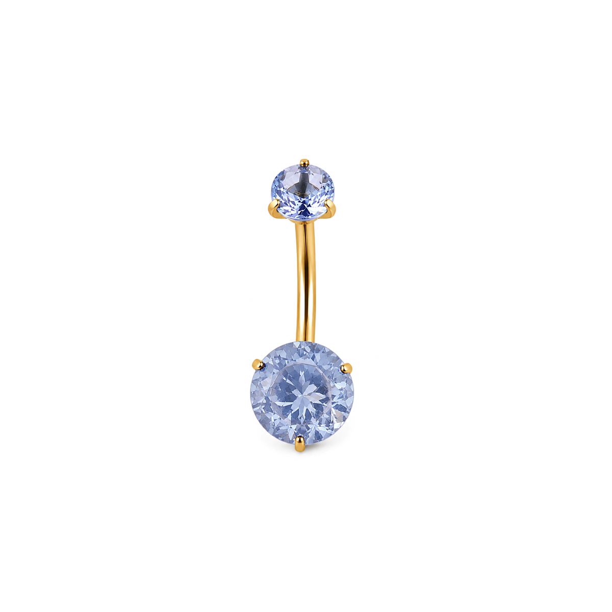 Navelpiercing in goud chirurgisch staal met 2 licht blauwe "prong" kristallen