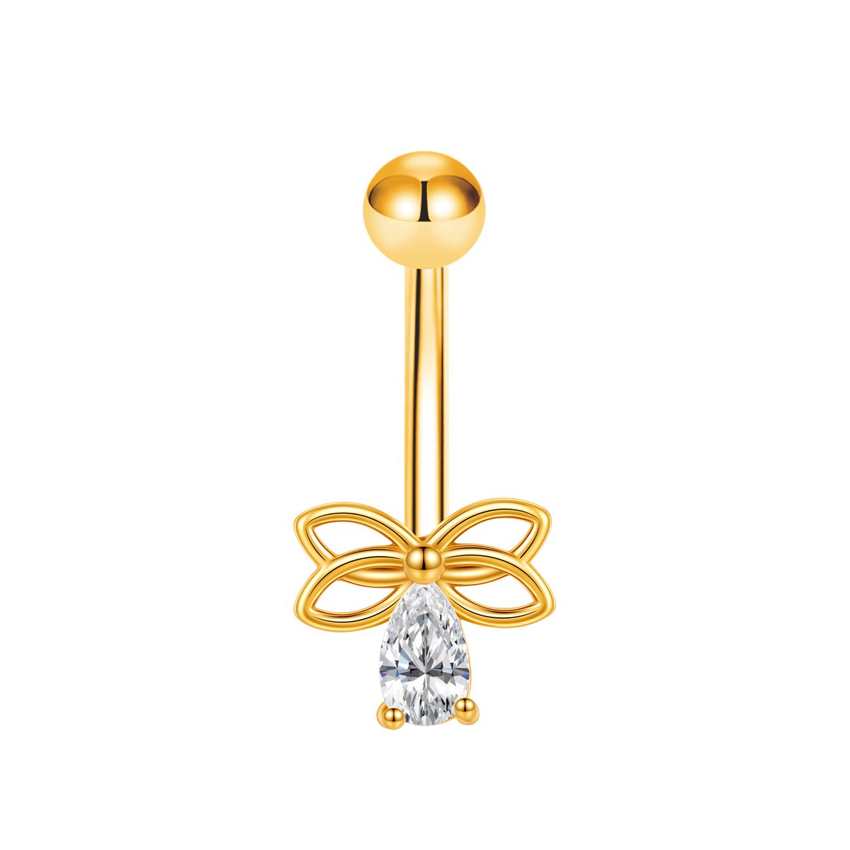 Navelpiercing in goud chirurgisch staal strik met een witte kristal