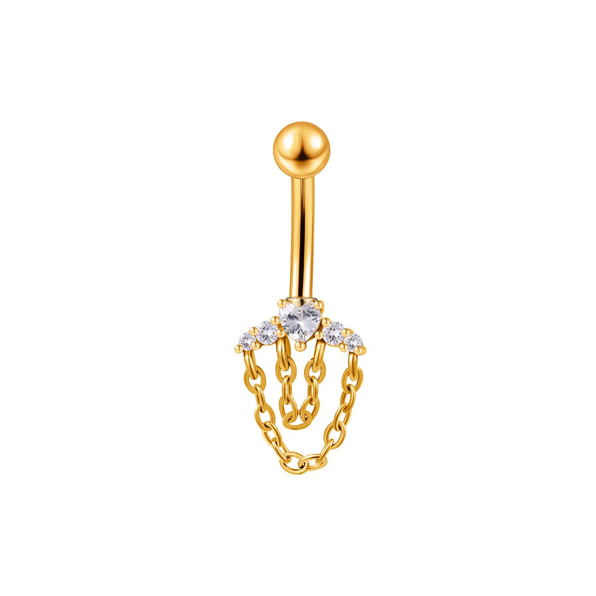 Navelpiercing in goud chirurgisch staal hart motief met 2 kettingen