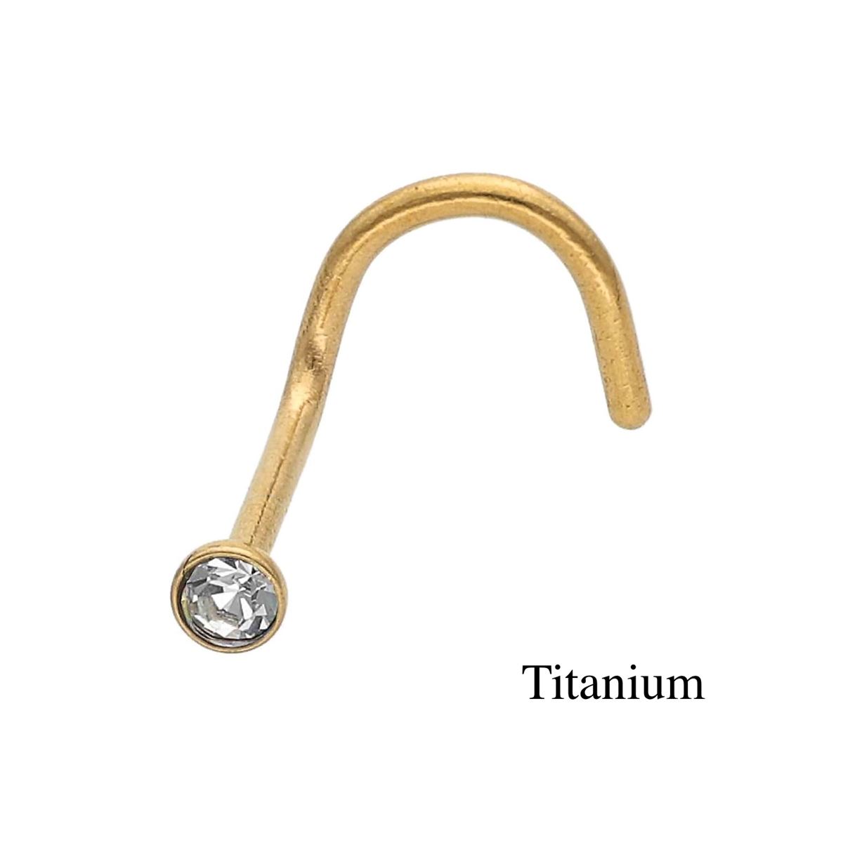 Neuspiercing in titanium F136 goud met een kromming en een gezet wit kristal