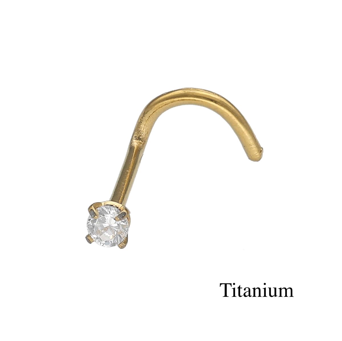 Neuspiercing in goud titanium F136 met een kromming en een "prong" wit kristal