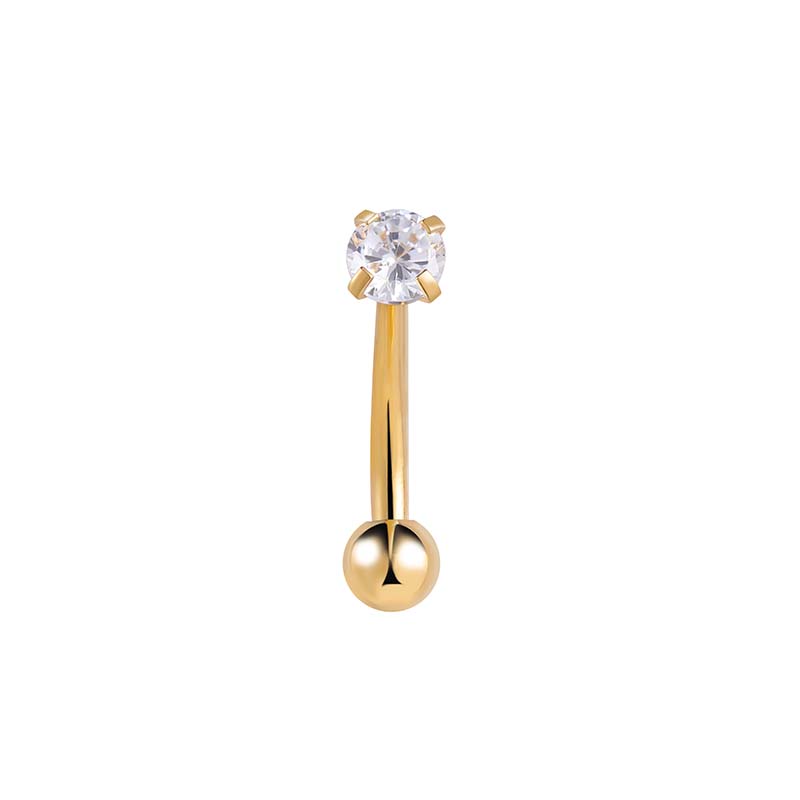 Rook / wenkbrauw piercing in goud chirurgisch staal met en witte kristal