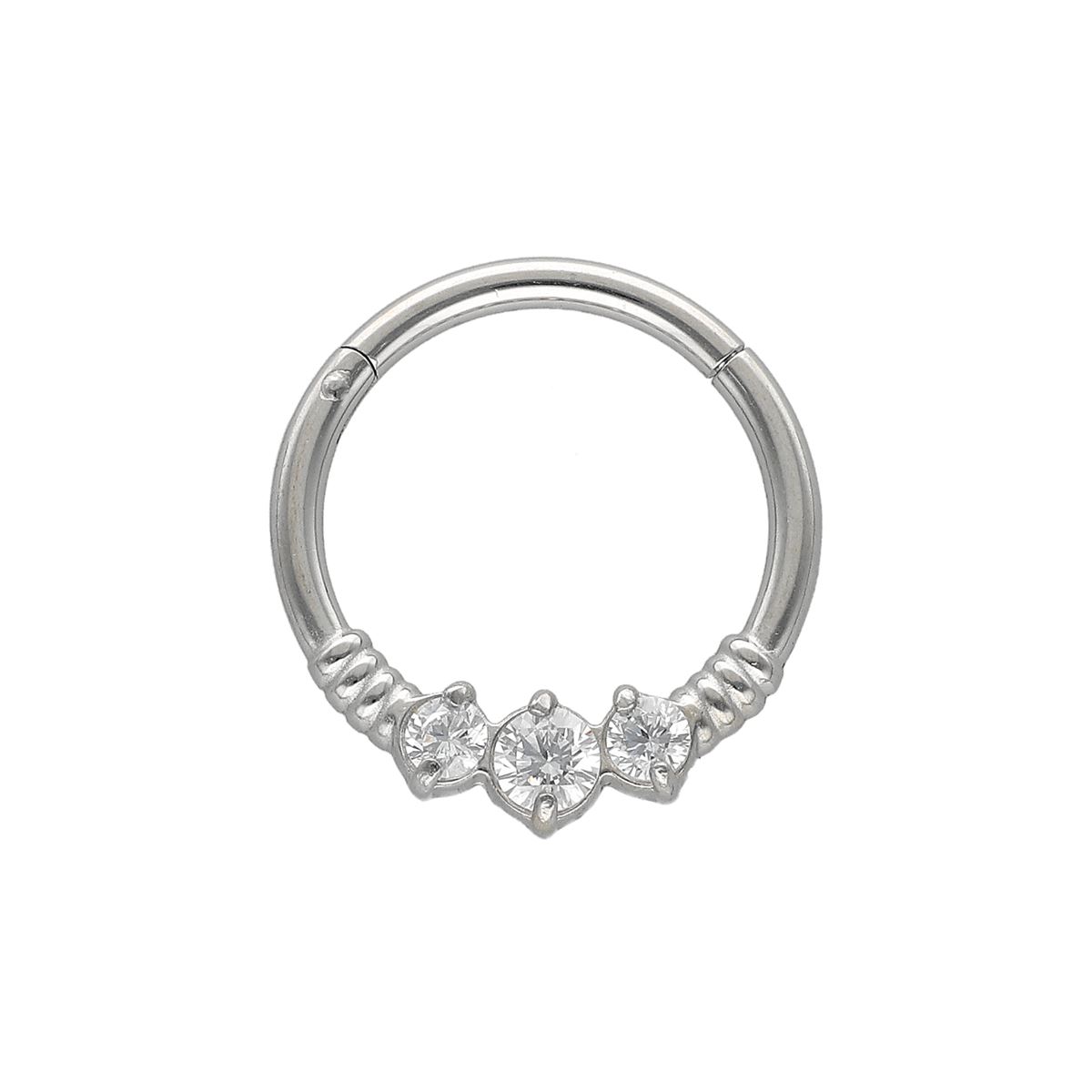 Segmentring/clicker in chirurgisch staal met 3 witte kristallen