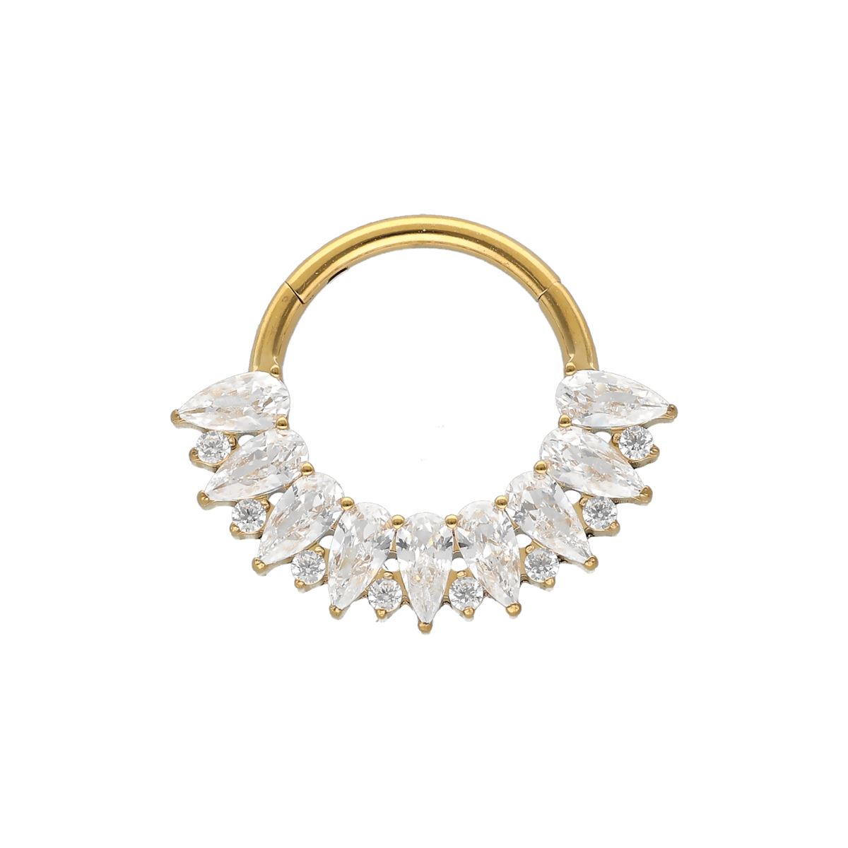 Segmentring/clicker in goud chirurgisch staal bedekt met witte kristallen