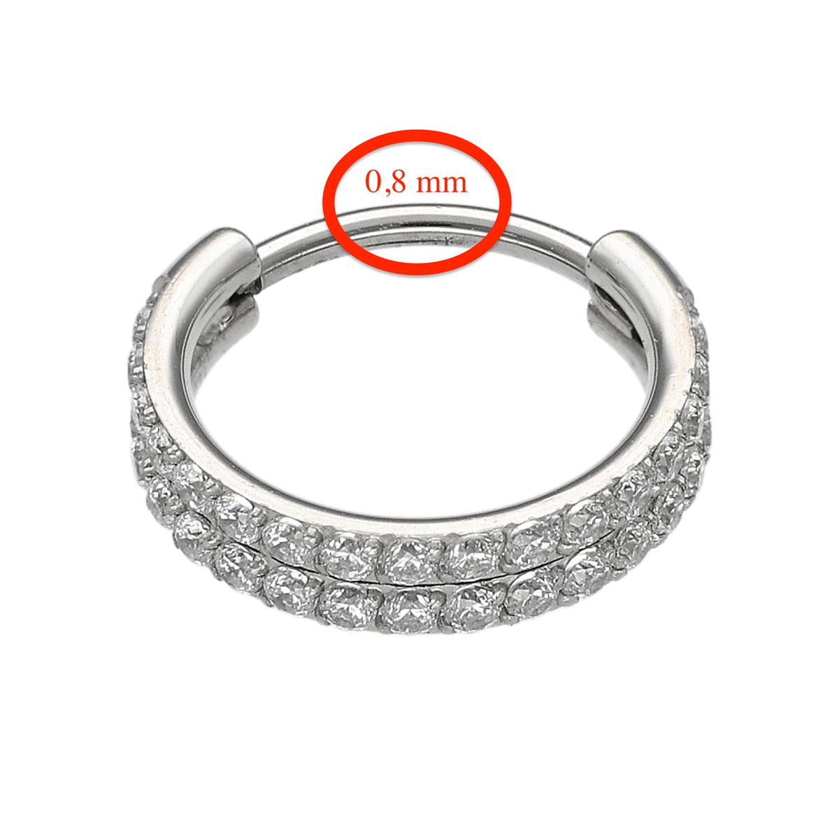 Segmentring/clicker in chirurgisch staal met dubbele rij witte kristallen/extra fijn 0.8mm