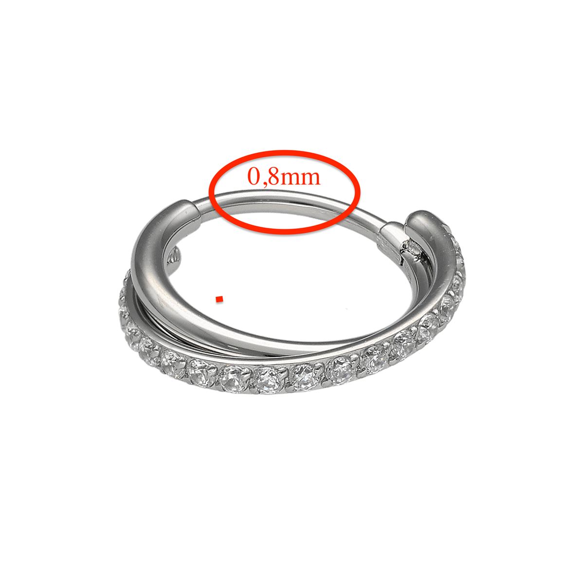 Segmentring/ clicker in chirurgisch staal dubbele rij gekruist met kristallen 0.8mm