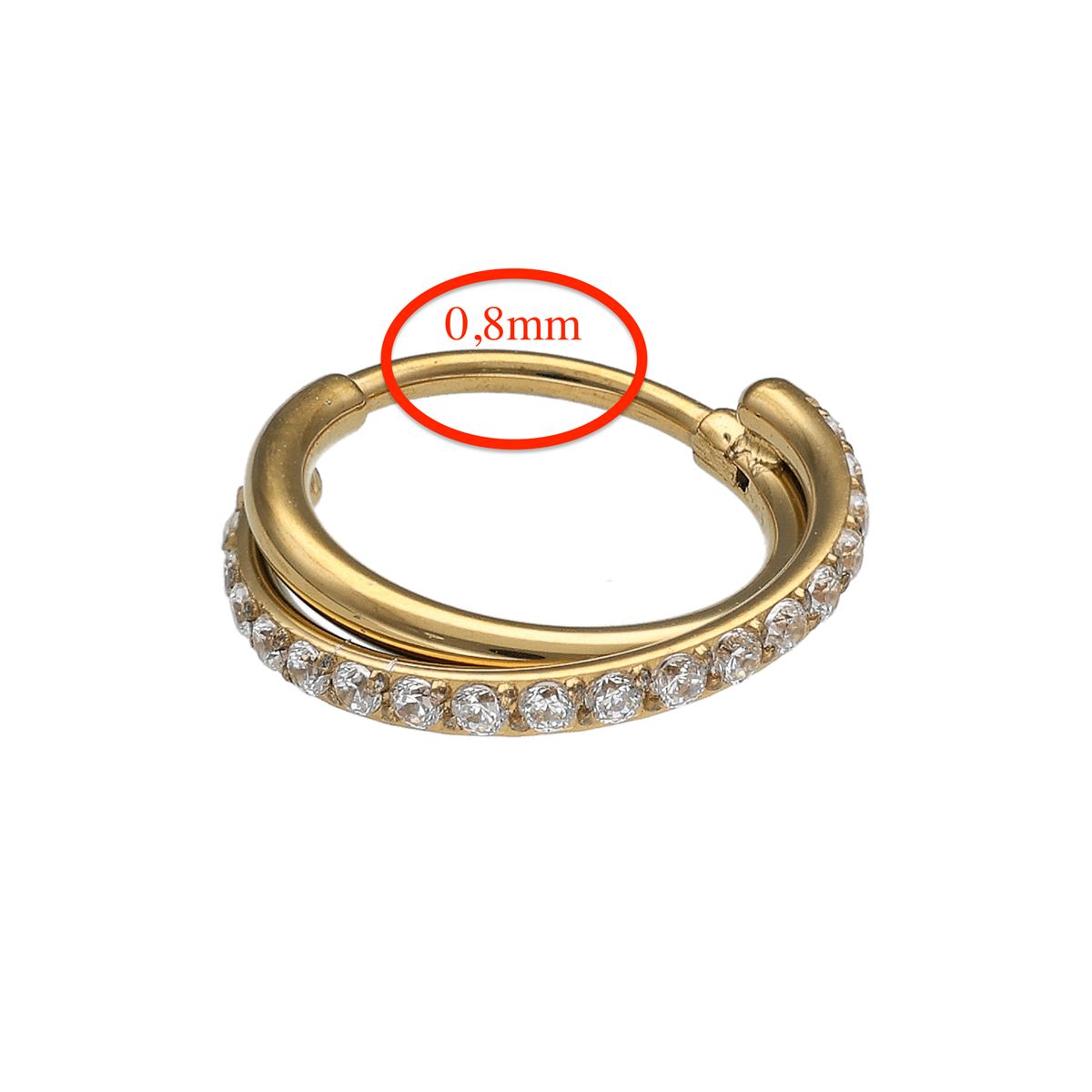 Segmentring/clicker in goud chirurgisch staal dubbele rij gekruist met kristallen 0.8mm