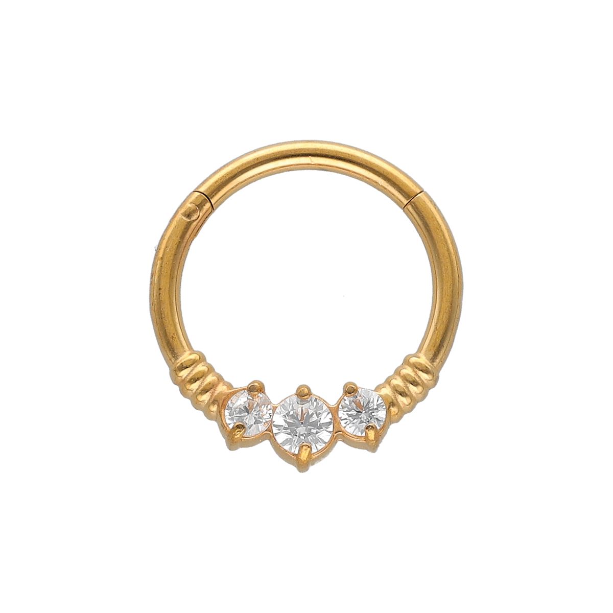 Segmentring/clicker in goud chirurgisch staal met 3 witte kristallen