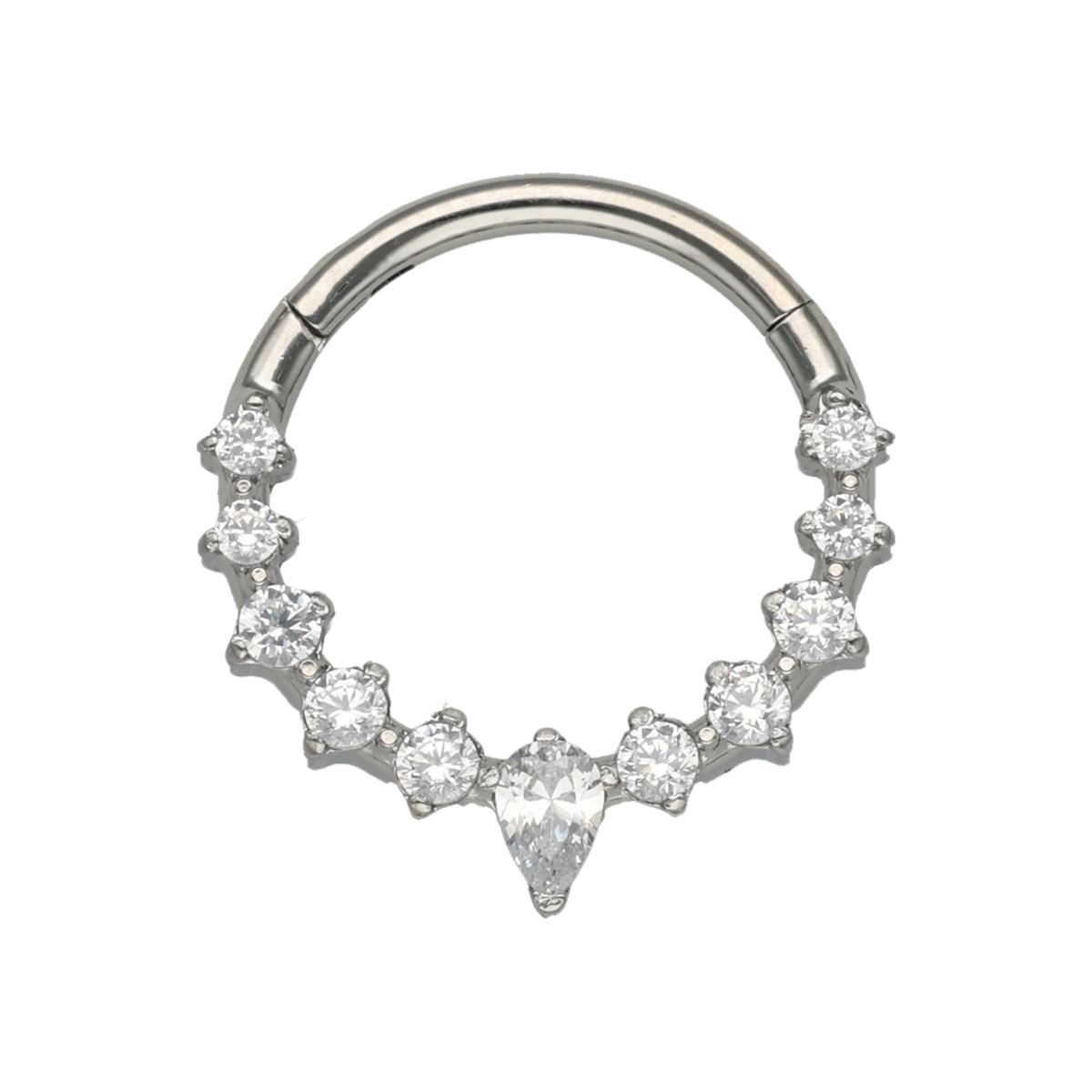 Segmentring/clicker in chirurgisch staal bedekt met 11 witte kristallen