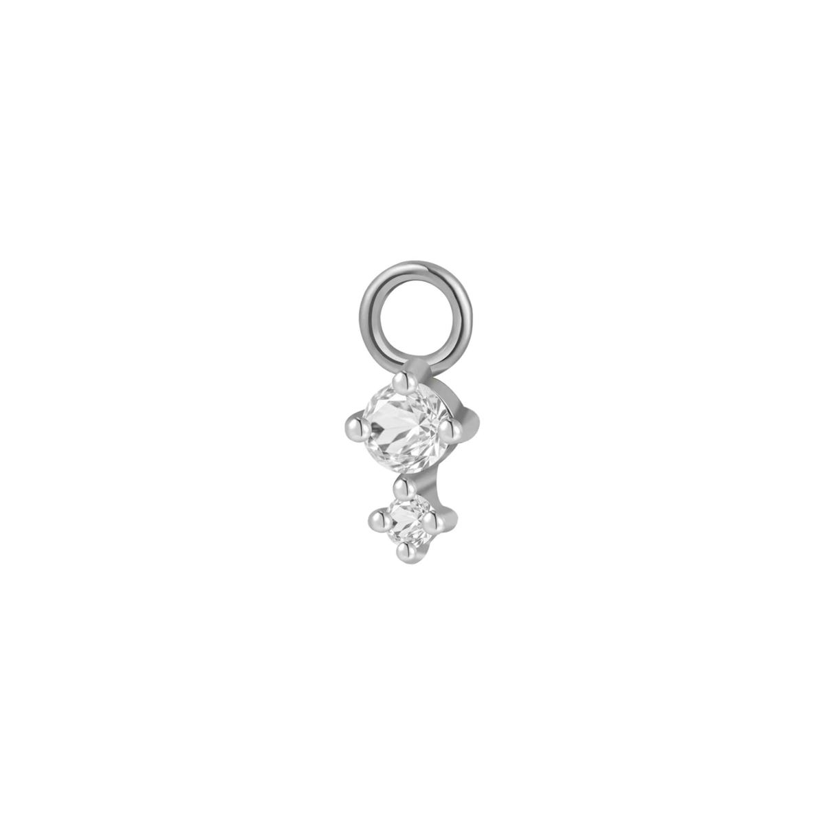 Charm in staal met 2 witte kristallen