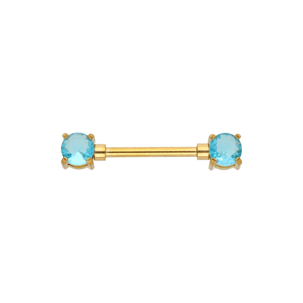 Tepelpiercing in goud chirurgisch staal met licht blauwe kristallen