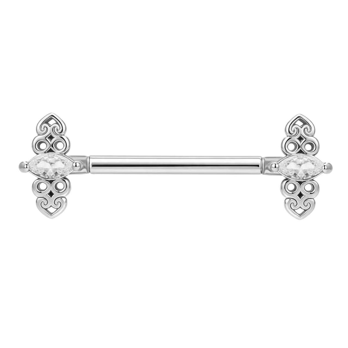 Tepelpiercing in chirurgisch staal met sierlijke ornamenten en witte kristallen
