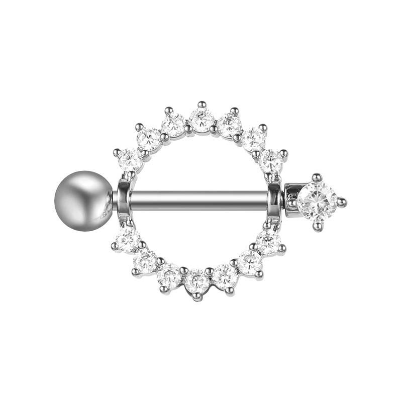 Tepelpiercing in chirurgisch staal-rond motief bedekt met kristallen