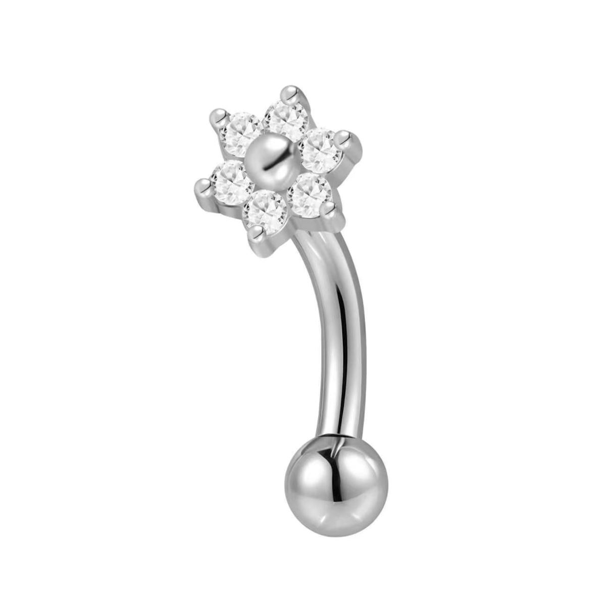 Rook piercing in chirurgisch staal met bloemmotief en witte kristallen