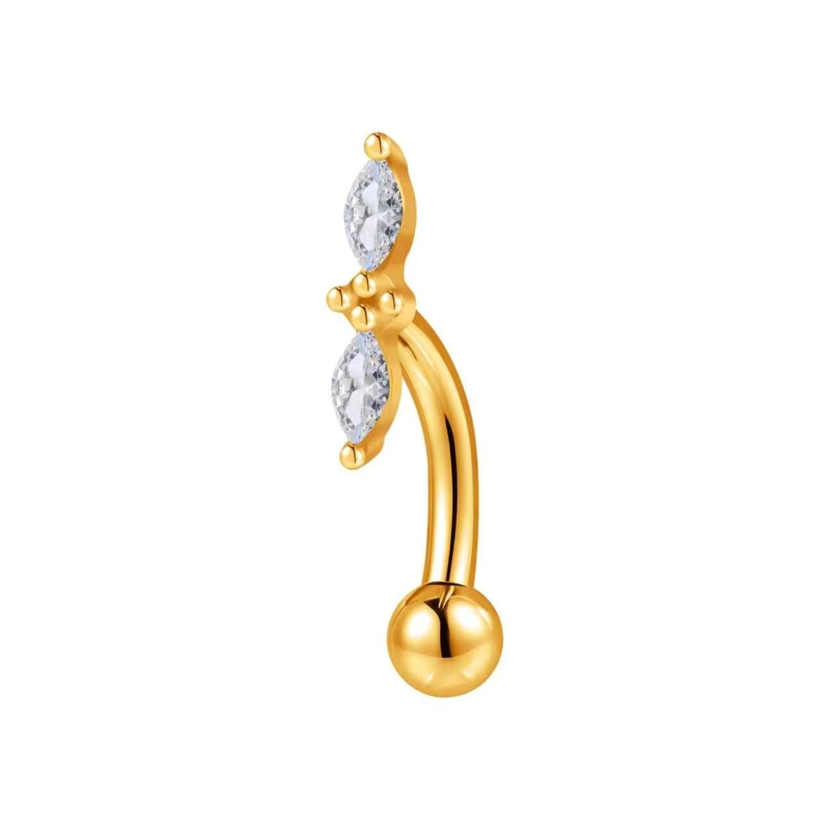 Goudkleurige rook piercing in chirurgisch staal met twee witte kristallen in bladvorm