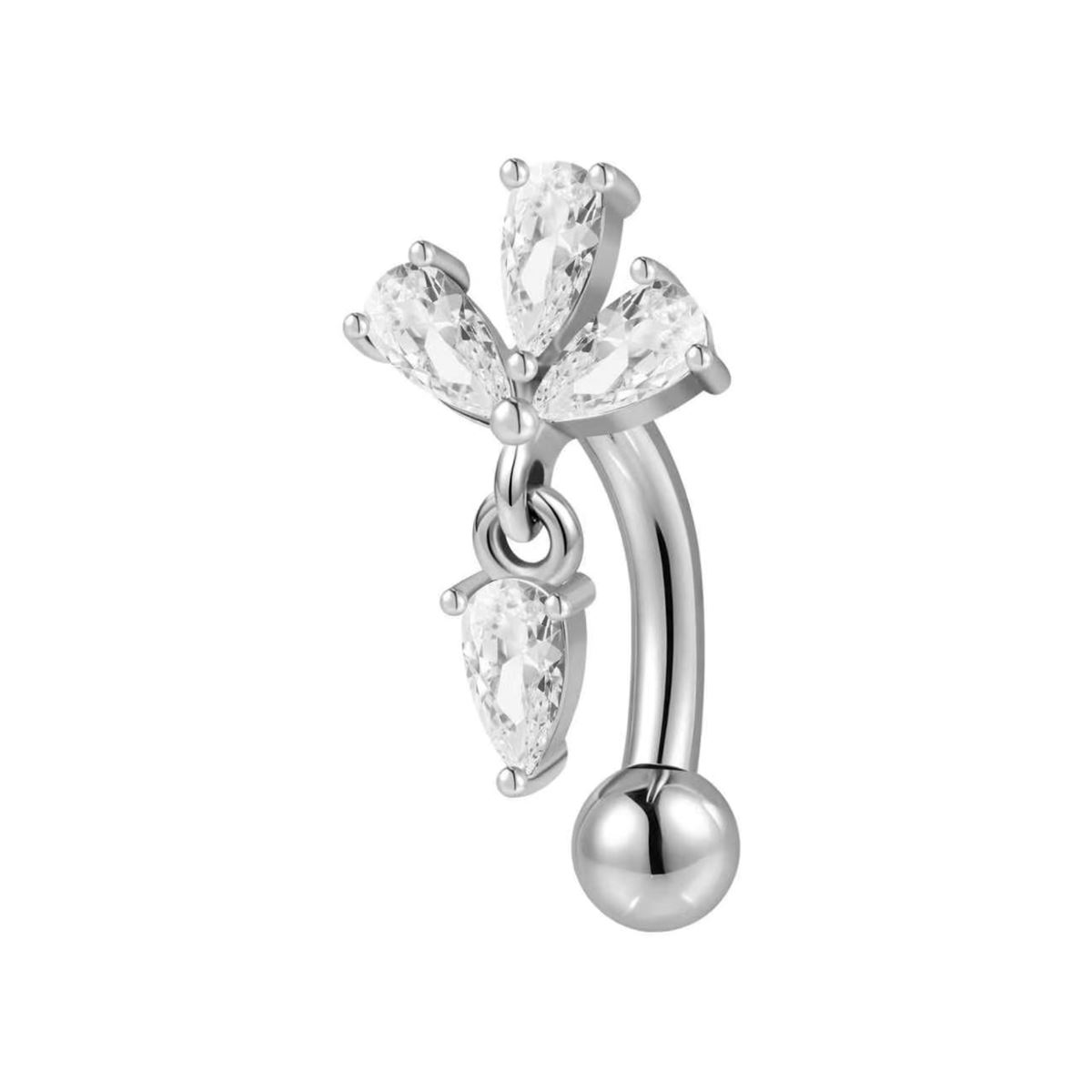 Rook piercing in chirurgisch staal met drie witte kristallen in waaiervorm en hangende druppelvormige kristallen hanger