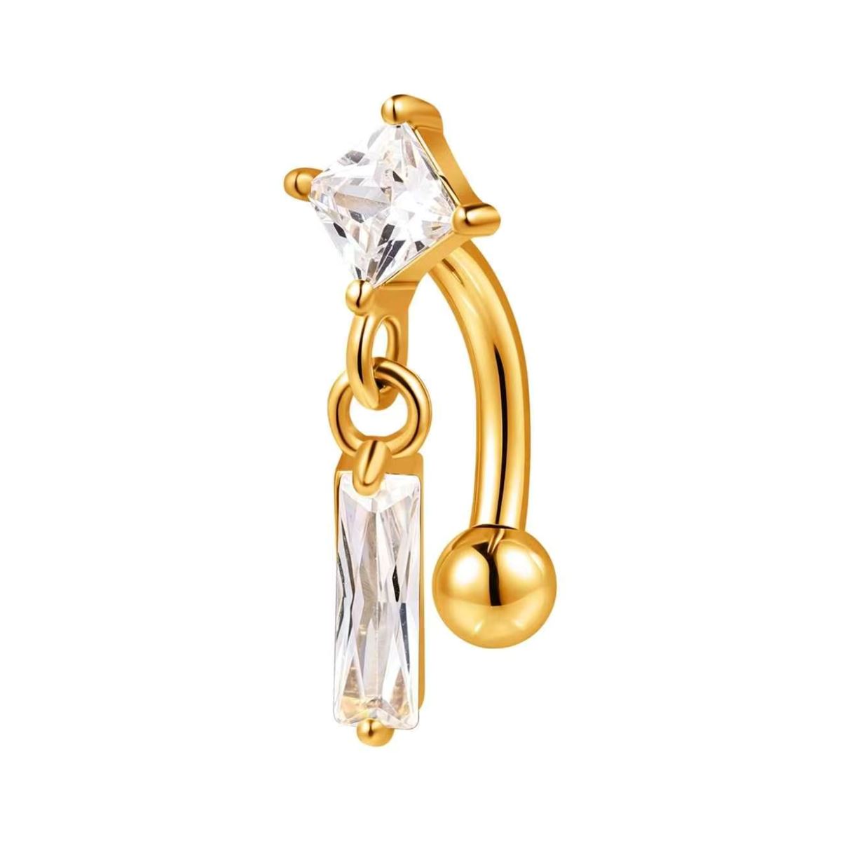 Rook piercing in goudkleurig chirurgisch staal met vierkant wit kristal en hangende rechthoekige kristallen hanger