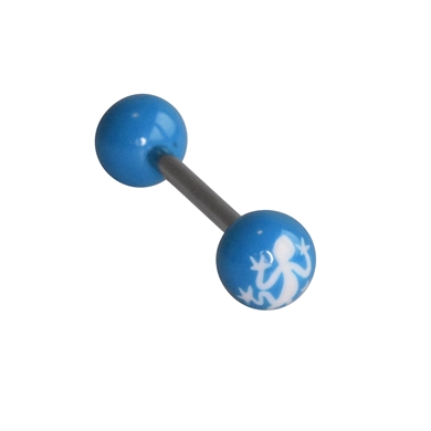 Tongpiercing in acrylic, balletje in het blauw met salamander