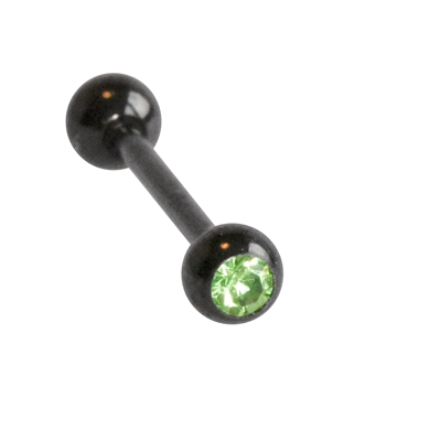 Tongpiercing in zwart chirurgisch staal, bal met groene kristal
